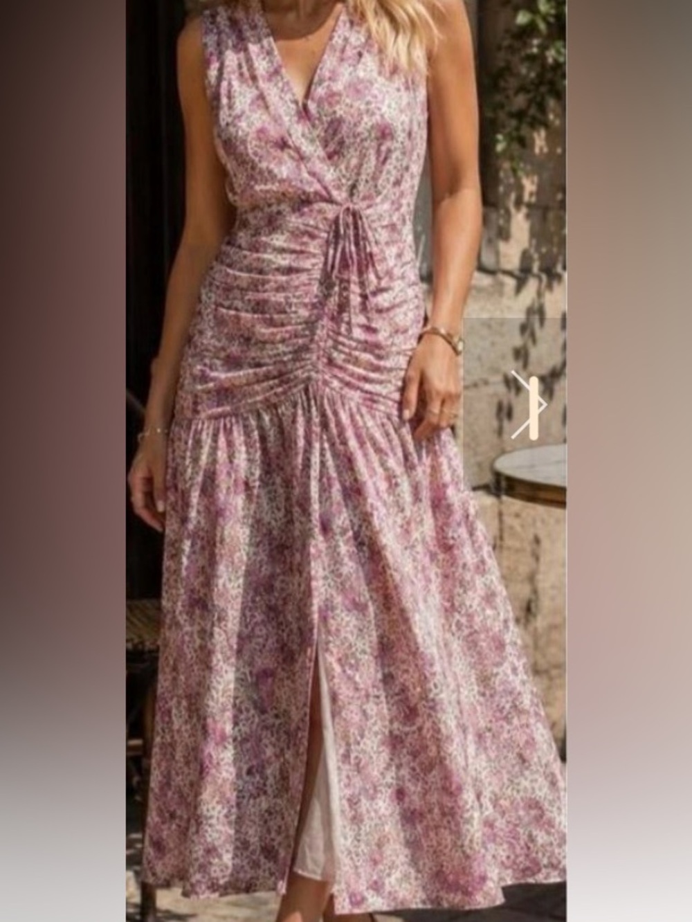 Ann Taylor Ruched Waist Sleeveless Pink/Purple  Floral Wrap Mid/Maxi Dress: 8